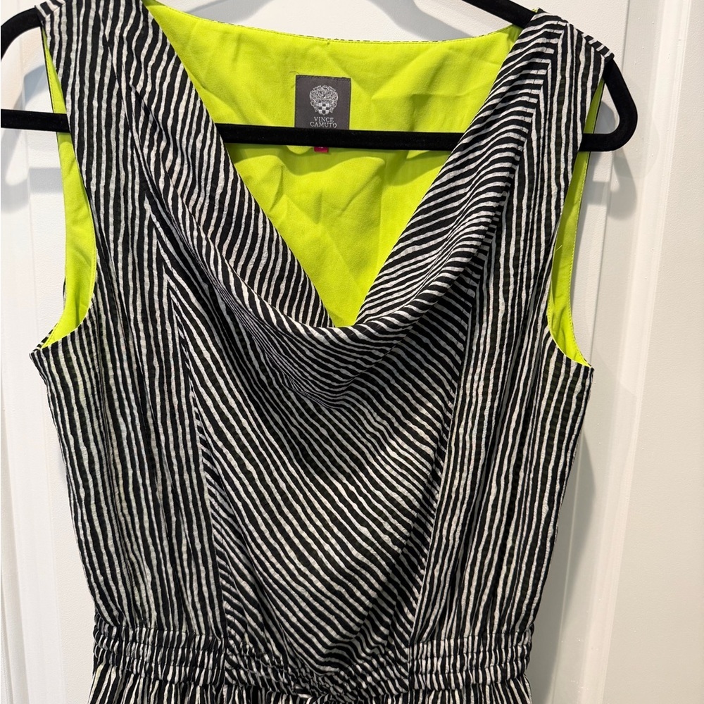 Vince Camuto Black & White Striped Midi Dress with Neon Yellow Lining Size 12 - Picture 4 of 5